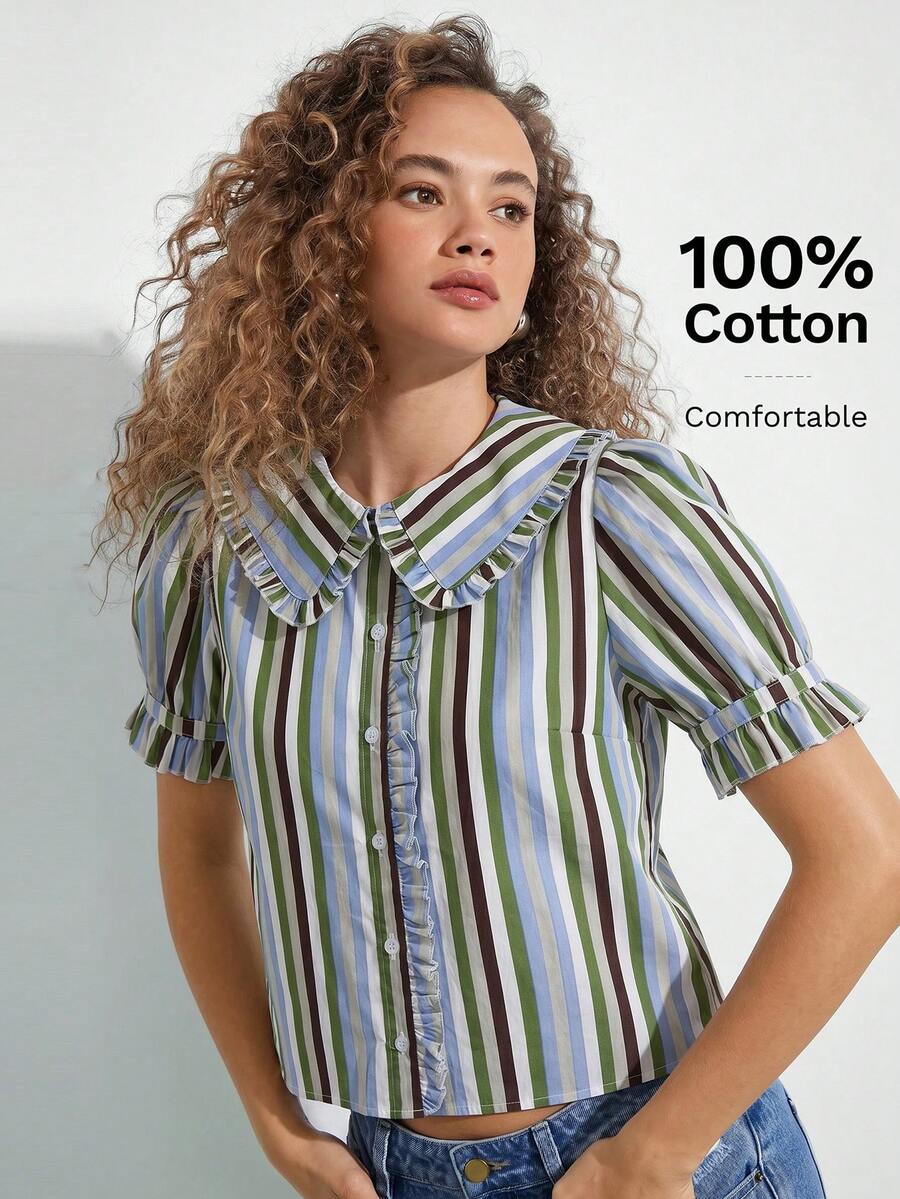 WESTFADE 100% Cotton Ruffle Collar Short Puff Sleeve Button Up Striped Shirt, Country Style For Women, 4th Of July, Summer Outfit - Multicolor - View 1