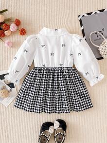 SHEIN Playful Pals 1件女嬰Tot嬰兒時尚可愛Ace上衣，趣味時尚千鳥格蝴蝶結波點藝術長袖泡泡袖修身軟薄洋裝套裝，適合日常、秋季、涼爽季節與冬季 - 黑與白 - 查看 2