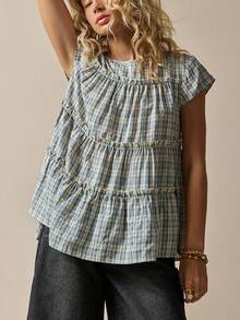Freevana Women's Plaid Round Neck Cap Sleeve Frill Trim Casual Blouse Picnic Blue Plaid Plaid Summer Back-To-School Picnic Brunch - Multicolor - View 3