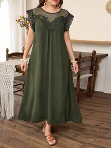 Lacomfia Đầm dáng rộng, tối giản, cổ tròn, tay cánh hoa, chất liệu ren, thích hợp cho mùa xuân/hè, cỡ lớn. - màu xanh lá - Xem 8