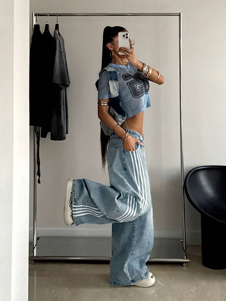 Muchica Vintage Streetwear Y2k 2000s Blue And White Stripe Wide