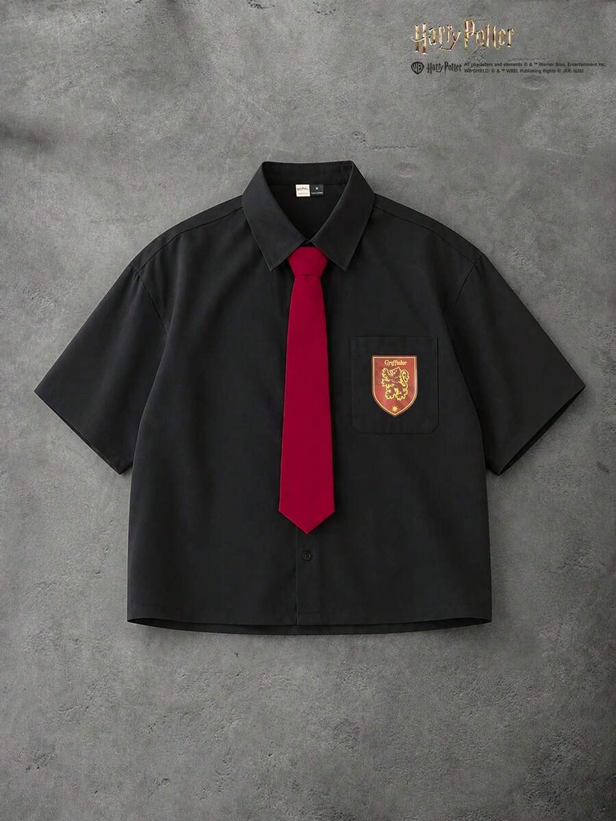 HARRY POTTER X SHEIN PAVTROS 男士年輕街頭風拼色寬鬆版型短袖襯衫,男士鈕扣襯衫,男士襯衫,圖案熱轉印印花,適合大學生、外出、街頭風、度假,適合作為送給他的禮物,適合世界盃 - 黑色 - 查看 1