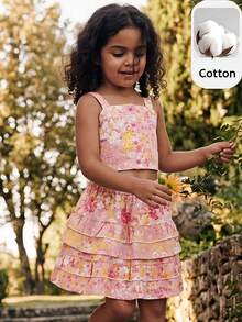 Maija Kids Maija Kids Conjunto de 2 piezas para niñas jóvenes, elegante y exquisito, casual de vacaciones, top camisola sin mangas con estampado floral pequeño rosa, ajustable, con dobladillo de volantes multicapa y falda corta estampada, adecuado para uso diario, regreso a la escuela, viajes, reuniones, fiestas festivas, primavera y verano - Rosa - Ver 2