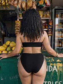 Swim Vcay Bikini de 2 piezas con tirantes finos y lazo delantero, estampado floral, braguita triángulo, talla grande para mujer, negro, sexy, para vacaciones de verano en la playa - Multicolor - Ver 2