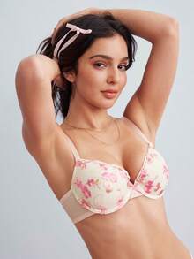 Elorette 2pcs Hot Pink Underwire Molded Cup Comfy Balconette Push Up Embroidered Floral Pattern High Support Lift And Gather Romantic Cute Women's Lingerie Set - Pink - View 3