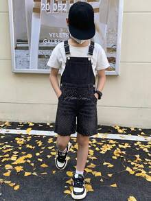 SHEIN Quần short denim dây rút dáng rộng thoải mái đính đá thiết kế phong cách đường phố cho bé trai tuổi teen - màu đen - Xem 1