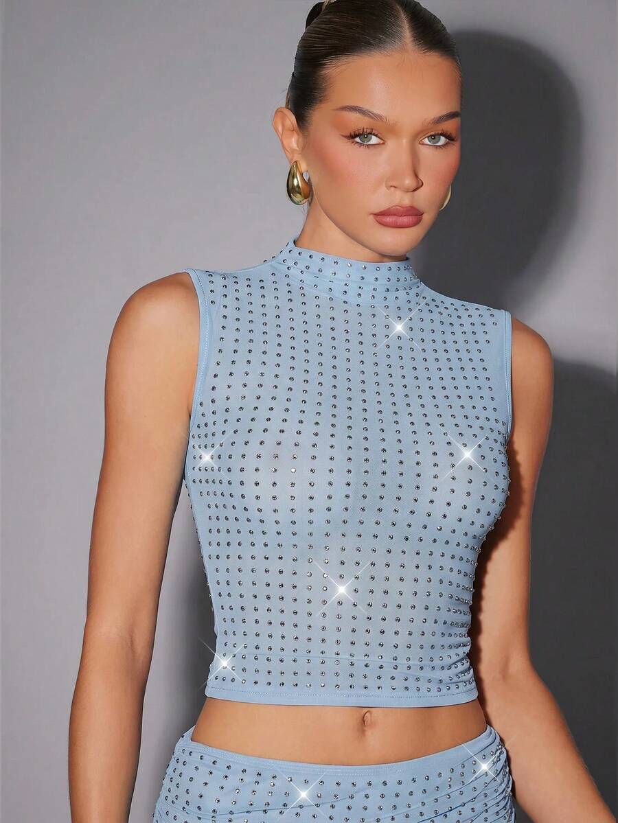 Hauture Sexy Summer Party Burgundy Red Mock Neck Hot Fixed Rhinestone Double Layer Mesh Tank Top - Baby Blue - View 1