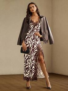 Briarwyn Women's Contrast Lace White And Burgundy Zebra Print Camisole Dress Date Night Night Out Summer Sexy - Brown - View 3