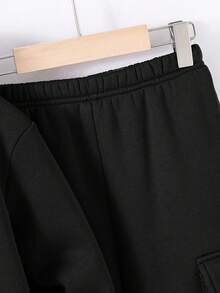 SHEIN 2件/套 青少年男女款休閒學院風舒適時尚簡約百搭字母印花刷毛加厚連帽衛衣與長褲，適合開學首日穿著 - 黑色 - 查看 7