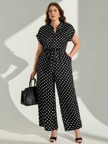 Chikora Plus Size Polka Dot Short Sleeve Jumpsuit, Elegant Women's Jumpsuit, Women's Commuter Outfit, Women's Office Jumpsuit, Women's Office Attire - Black and White - View 2
