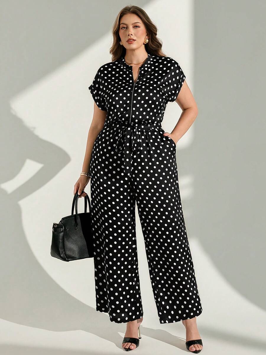 Chikora Plus Size Polka Dot Short Sleeve Jumpsuit, Elegant Women's Jumpsuit, Women's Commuter Outfit, Women's Office Jumpsuit, Women's Office Attire