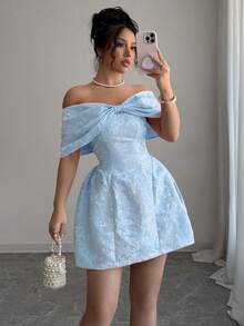 Vestido floral de estilo francés con un solo hombro y lazo en la cintura para mujer, de longitud media, estilo dulce, jacquard rosa, que estiliza y realza la figura. - Azul 2 - Ver 4