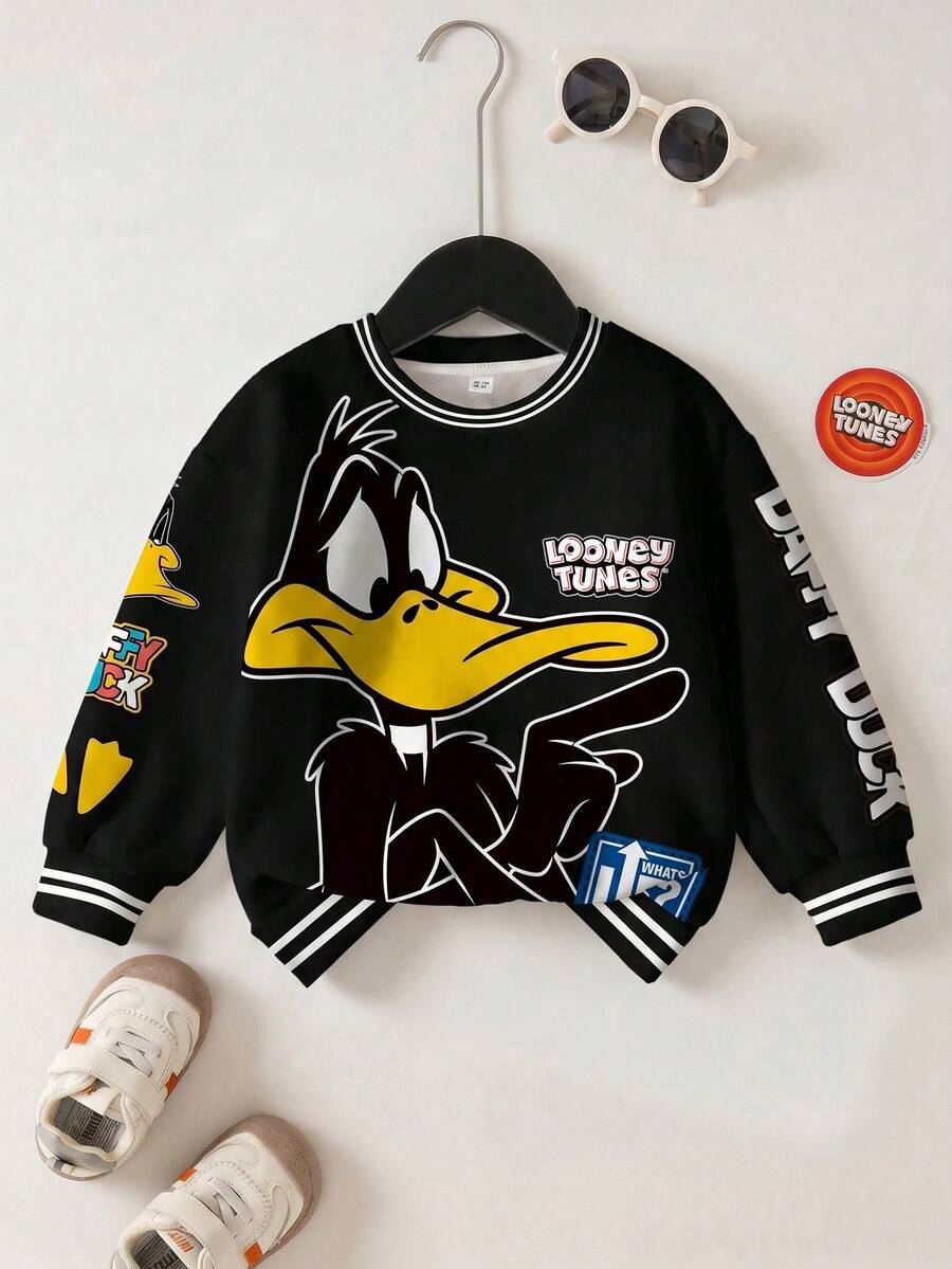 LOONEY TUNES X SHEIN 男童字母卡通图案圆领长袖卫衣 - 白色 - 查看 1