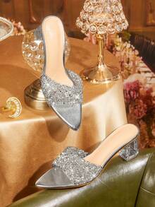 CUCCOO TILAWA Transparent Asymmetrical Thick Heel Pointed Women's Glass Rhinestone Sandals - Bright silver - View 3