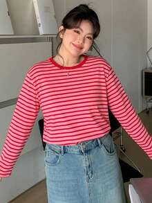 Dazy Plus Camiseta de manga corta holgada con cuello redondo, diseño de bloques de color, patchwork y rayas, rosa, primavera-verano - Rojo - Ver 5