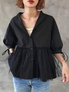 FRIFUL Women's Summer Solid Color Contrast Mesh Pleated Drawstring Tie Bow Loose Casual Versatile Blouse - Black - View 1