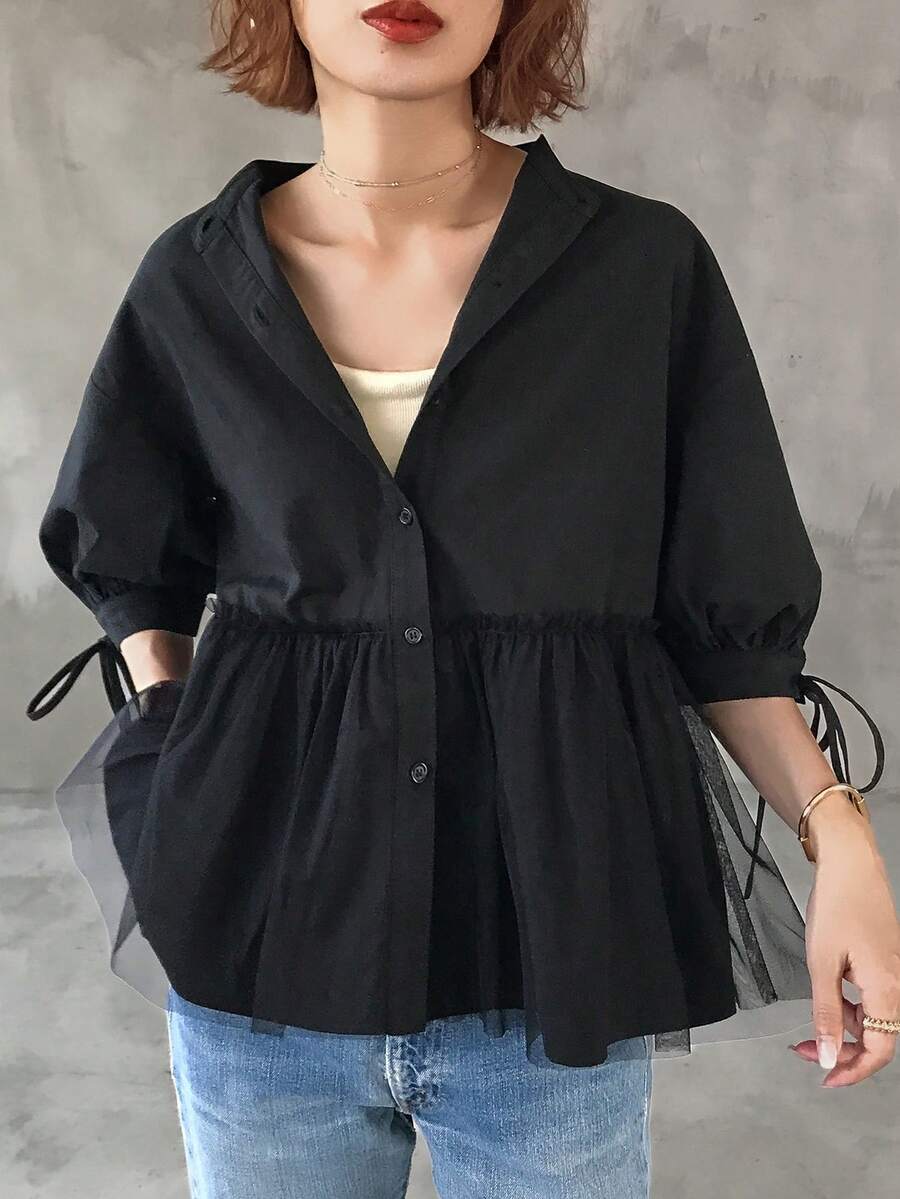FRIFUL Women's Summer Solid Color Contrast Mesh Pleated Drawstring Tie Bow Loose Casual Versatile Blouse - Black - View 1