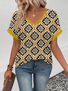 EMERY ROSE New Fashion Women Knit Texture Printed Short Sleeve T-Shirt - Multicolor - View 3