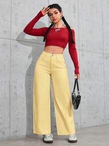 SHEIN PETITE 女士带口袋阔腿宽松休闲百搭牛仔裤 - 鵝黃色 - 查看 5