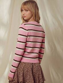 WESTFADE Crewneck Button Front Striped Long Sleeve Cardigan Pink Sweater, Country Style For Women - Pink - View 2