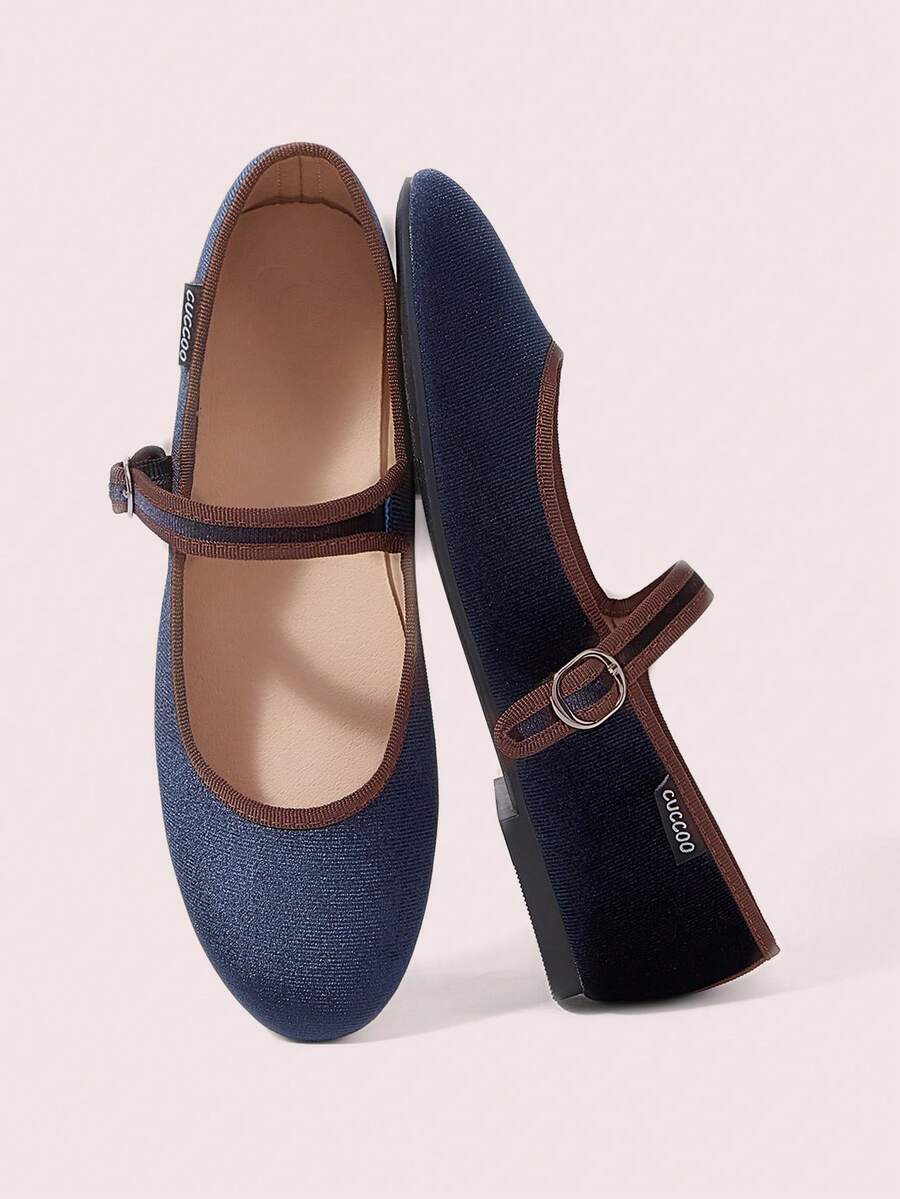 CUCCOO DOLLMOD 2026 Fashion Women's Blue Velvet Mary Jane Flats, Vintage Round Toe Buckle Ballet Shoes, Comfortable Daily Wear Fall Shoes - Navy - View 1