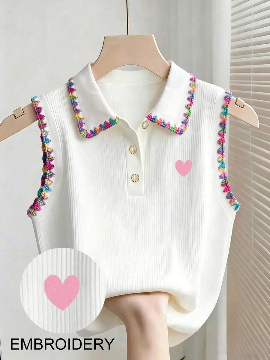 Resyla 彩色狗牙邊 + 心形刺繡 POLO 領無袖針織大尺碼女上衣 - 彩色 - 查看 1