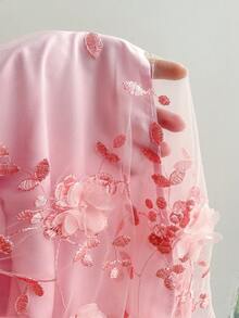 Soleia Gaun A-Line Ukuran Plus untuk Liburan Musim Semi/Panas, Warna Pink, Bordir Jala, Lengan Bergelombang, Lengan Pendek, Leher Bentuk Hati, Ikatan Pita di Depan - Berwarna merah muda - View 5
