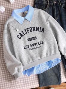 女童 2 合 1 條紋領衛衣，淺灰色底色配 California 字母印花，藍白條紋襯衫領拼接，寬鬆落肩版型，親膚舒適面料，美式復古風上衣，秋冬休閒穿搭，小眾設計童裝 - 淺灰色 - 查看 3