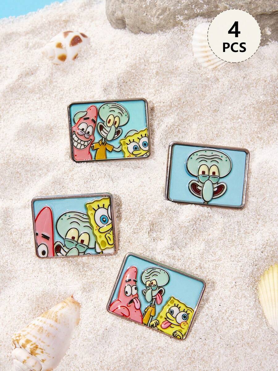 SpongeBob SquarePants | SHEIN 4件組新款創意卡通大頭貼紙立體金屬胸針套組,IP聯名設計,可愛個性化,簡約大方,亦可作為 - 白金 - 查看 1