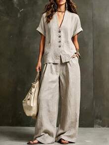 SHEIN Holidaya Summer Women's Vacation Casual Commute Daily Work Gathering Comfortable Minimalist Style Linen Short Sleeve Cardigan Jacket Long Pants 2 Pieces Set - Khaki - View 3