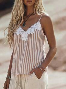 EMERY ROSE Women's Woven Casual Striped Summer Beach-Style Halter Top - Khaki - View 3