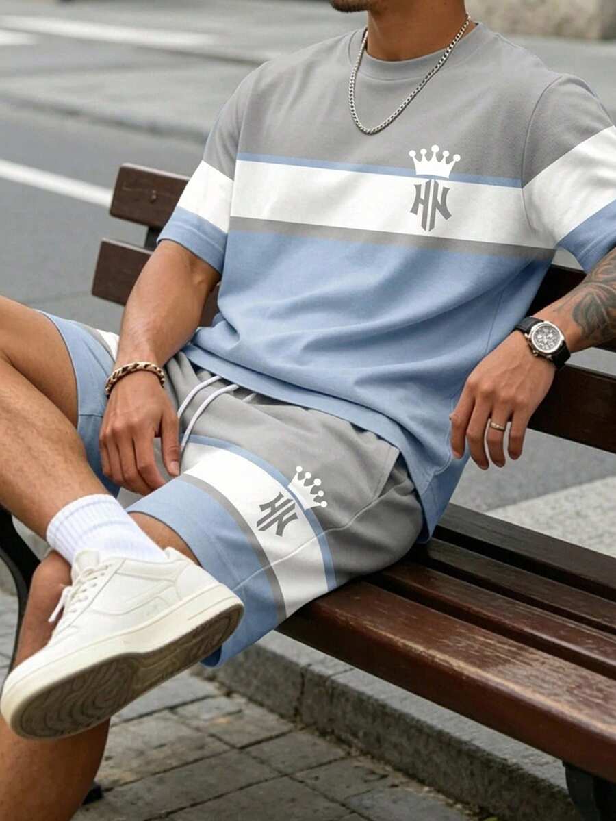 Sorvial Men's Casual Contrast Color Striped Crown Print T-Shirt Set - Multicolor - View 1