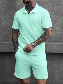 Manfinity CasualCool 男士紋理寬鬆短袖休閒 Polo 衫套裝 - 薄荷綠 - 查看 3