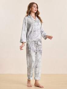 Hourtrue 2pcs Women's Ink Printing Ice Silk Simple Home Wear Long Sleeve Top And Pants Pajama Set, Two Pieces Set, Fall Winter Clothes - Grey - View 7