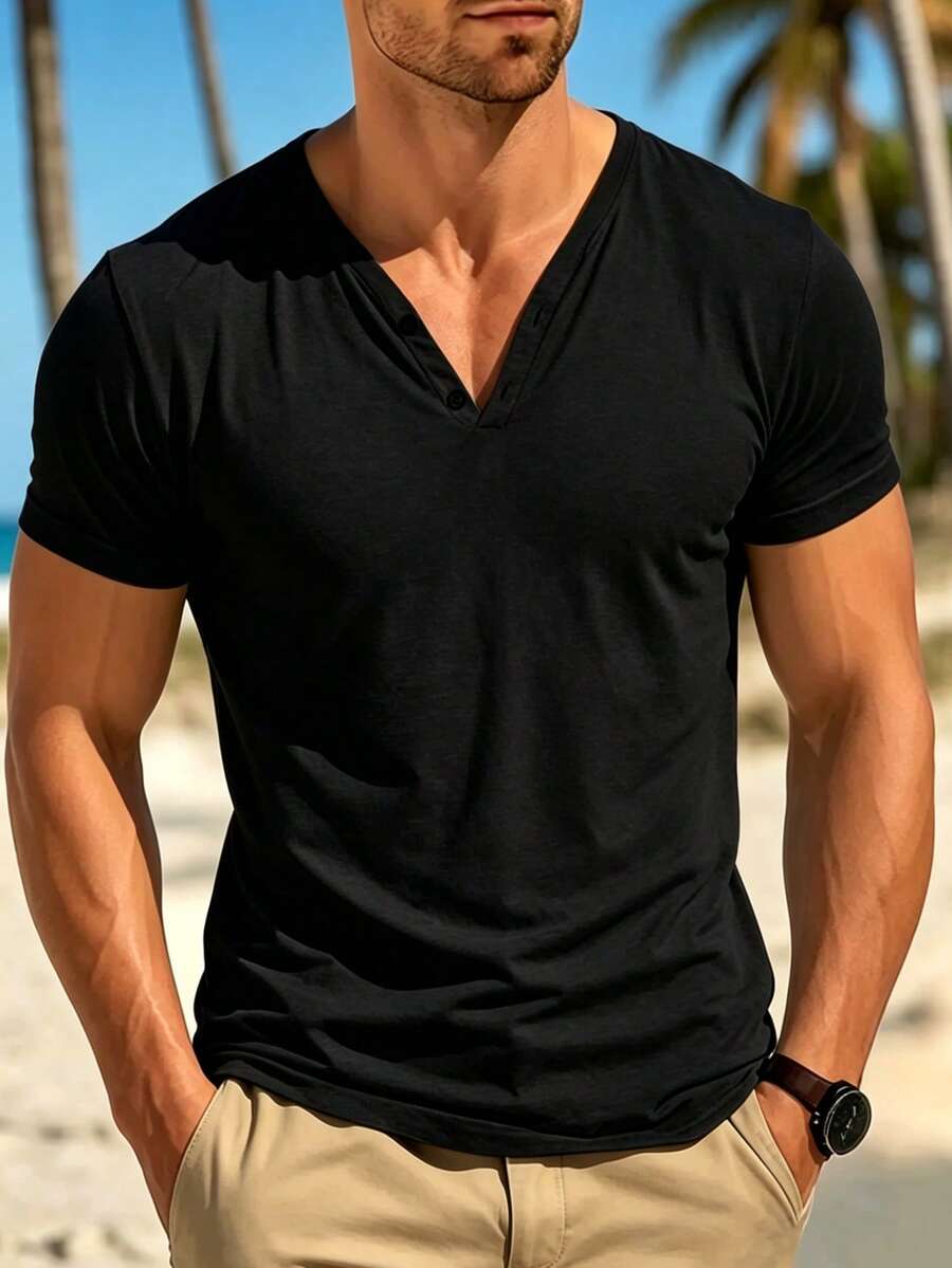 Manfinity Dauomo Camisa polo de manga corta de uso diario minimalista de unicolor para hombres - Negro - Ver 1