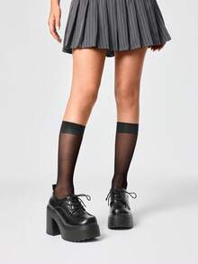ROMWE Goth 女款黑色一腳蹬瑪麗珍樂福鞋 日系JK制服風 粗跟厚底通勤鞋 - 黑色綁帶 - 查看 2
