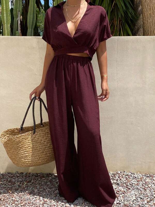 Livesso Women's Solid Color Deep V-Neck Short Sleeve Top And Long Pants Fashion Minimalist 2-Piece Set