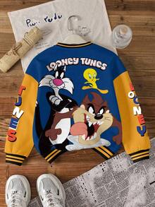 LOONEY TUNES X SHEIN 青少年男孩休闲拼色卡通图案圆领运动衫，秋季 - 白色 - 查看 2