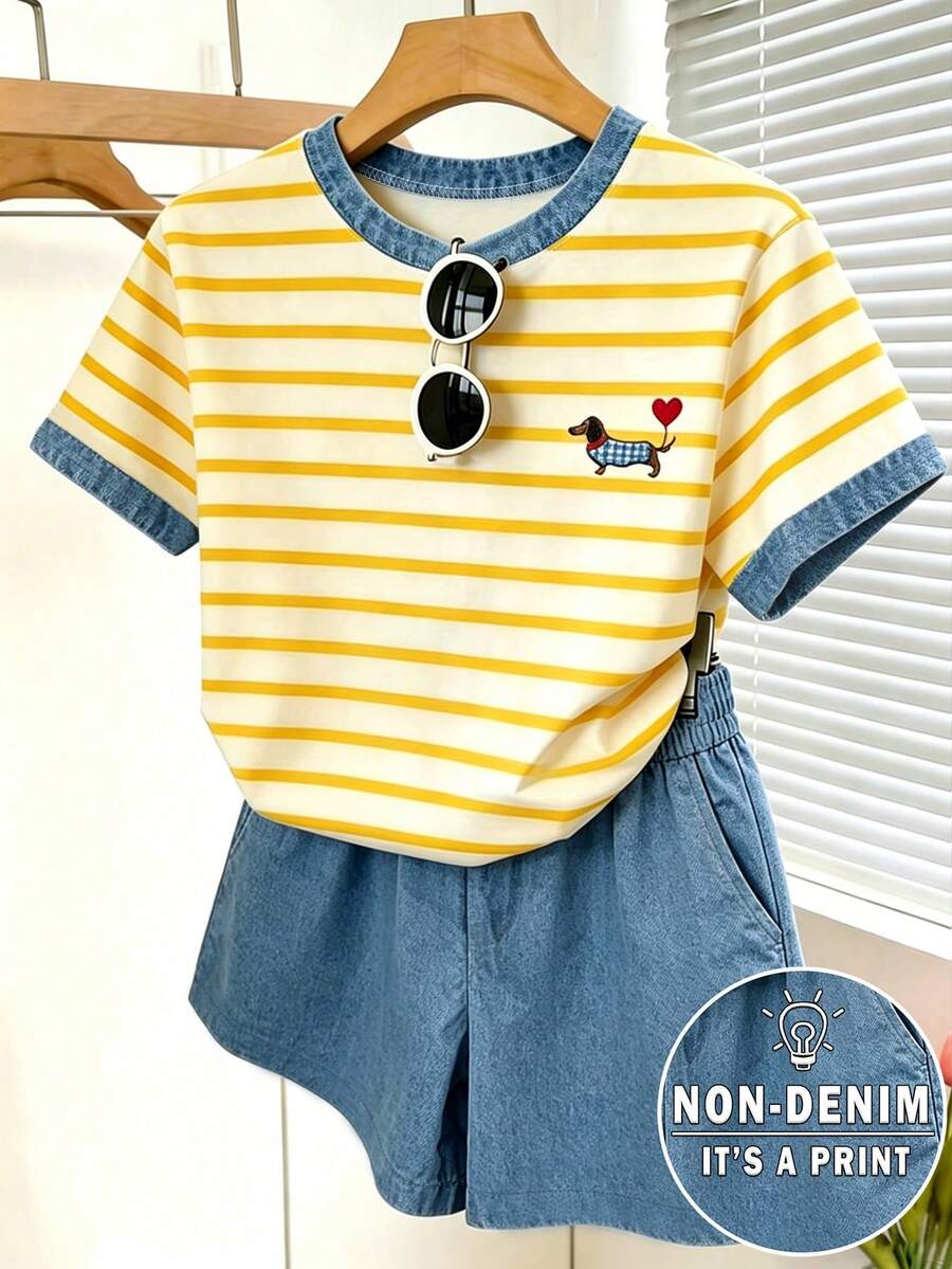 Resyla Setelan 2 Potong Kaos Lengan Pendek dan Celana Pendek Motif Garis-garis Musim Panas untuk Wanita - MultiWarna - View 1