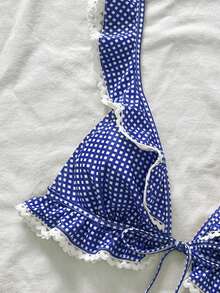 Swim Mod 女款夏季海灘甜美可愛格紋印花荷葉邊白色蕾絲飾邊休閒度假泳裝上衣 - 藏蓝色 - 查看 4