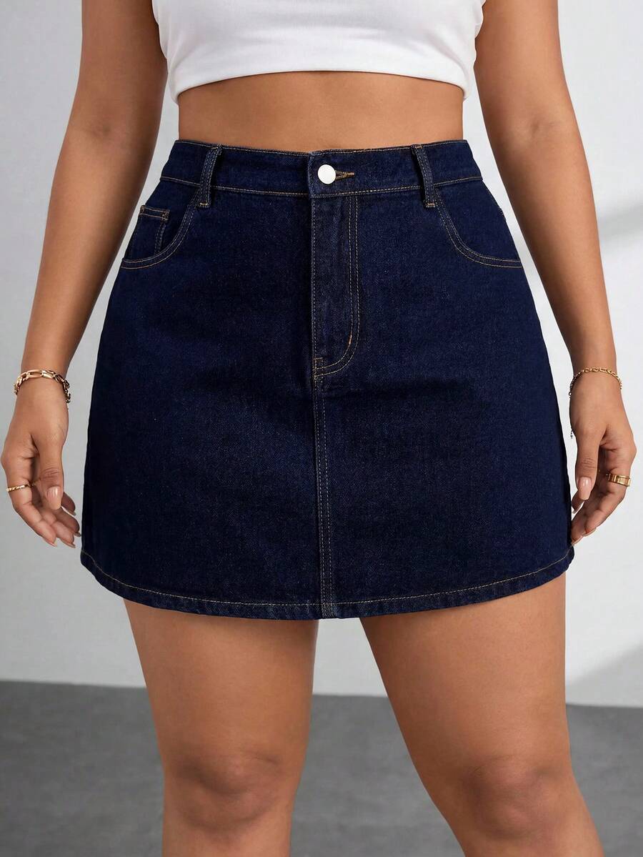 SHEIN PETITE CURVE 大尺碼女款高腰深色水洗牛仔迷你裙,後腰鬆緊 A 字牛仔裙,適合夏季街頭穿搭與日常 - 深色水洗藍 - 查看 1