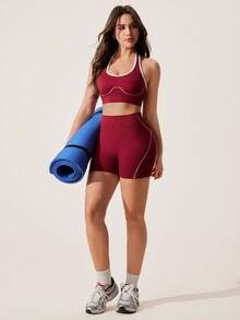 SHEIN Dewbera 1套勃艮第紅無縫女款運動套裝，掛脖無袖，柔軟舒適修身，適合健身、跑步、休閒、瑜伽，女款運動服，夏季兩件套，女款健身套裝，女款運動服，夏季套裝，健身服，女款運動服，兩件套，女款運動服，運動套裝，健身套裝，女款健身服，女款運動套裝，健身套裝，兩件套，健身套裝 - 酒紅色 - 查看 6