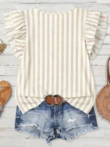 Mellowie Striped Round Neck Casual Versatile Daily Ruffle Sleeve Plus Size Shirt - Multicolor - View 2