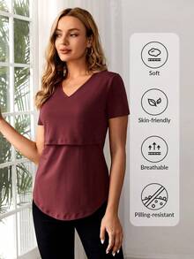 SHEIN Maternidad Camiseta de cuello V amamantamiento - Burdeos - Ver 7