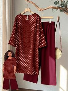 Rusticease 2pc Set Plus Size Women's Summer/Fall Casual Wine Red Polka Dot Round Neck 3/4 Sleeve Side Slit Long Top And Wide Leg Pants Set With Pockets,Autumn - Burgundy - View 1