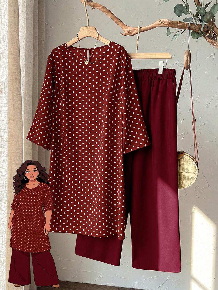 Rusticease 2pc Set Plus Size Women's Summer/Fall Casual Wine Red Polka Dot Round Neck 3/4 Sleeve Side Slit Long Top And Wide Leg Pants Set With Pockets,Autumn - Burgundy - View 1