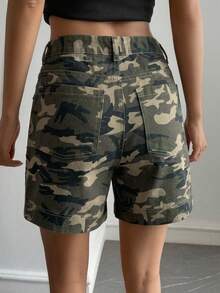 Livesso 女款高腰迷彩休閒棉質牛仔短褲，適合夏季度假與假期 - 軍綠色 - 查看 2