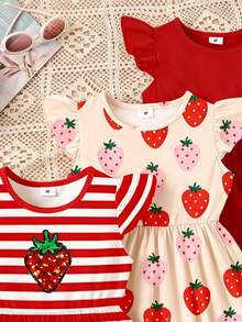 SHEIN Elladie kids 3件套甜美可爱草莓装饰条纹半身裙，草莓印花搭配纯色喇叭袖连衣裙，休闲度假装扮，适合夏季穿着 - 彩色 - 查看 3
