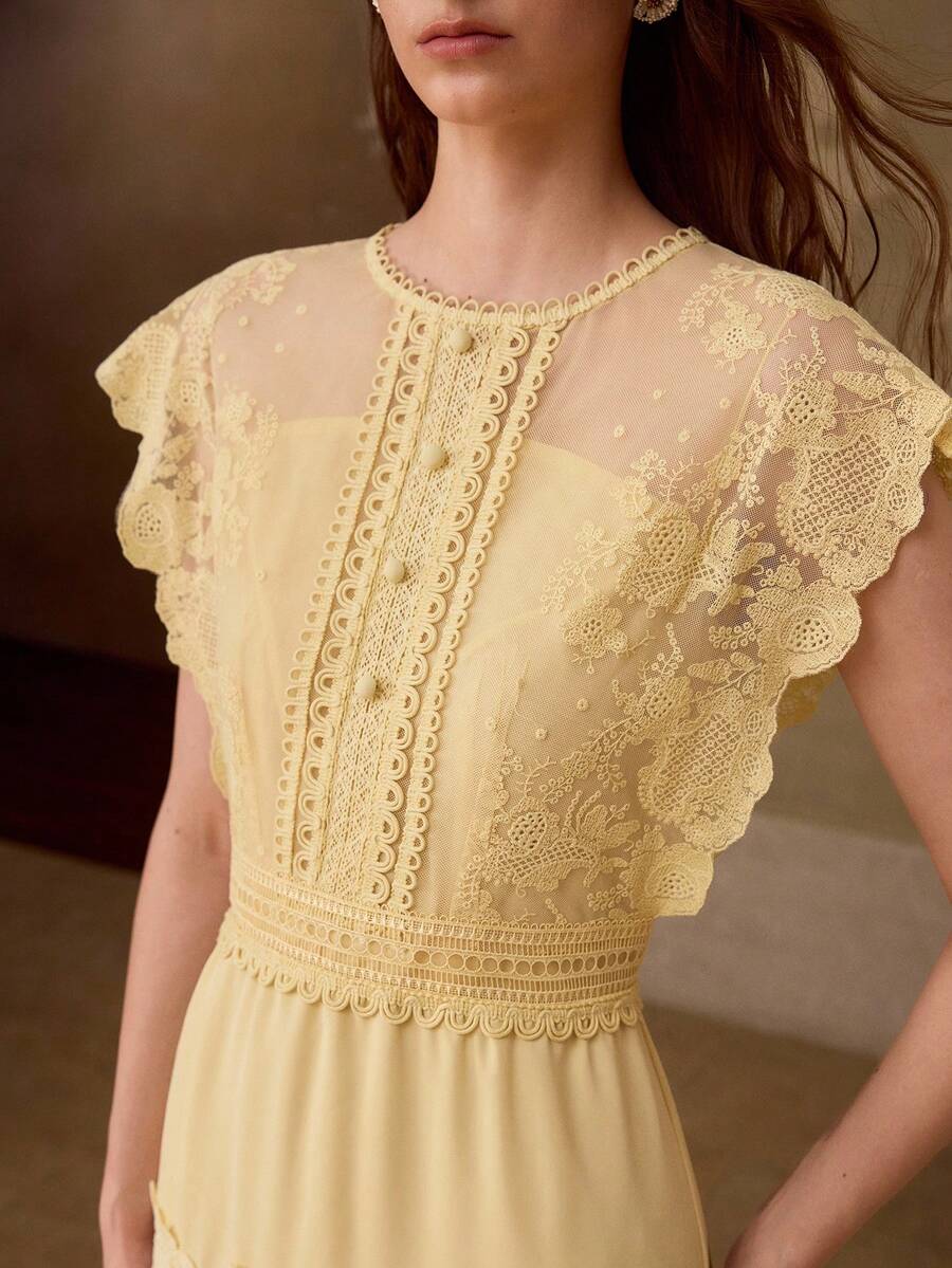 MOTF PREMIUM VESTIDO ELEGANTE Y MODERNO CON APLICACIONES DE ENCAJE Y ABERTURA - Butter Yellow - Ver 2