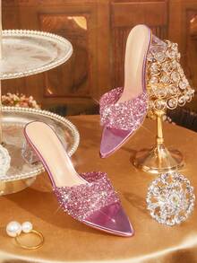 CUCCOO TILAWA Transparent Asymmetrical Chunky Heel Women's Glass Rhinestone Sandals - Dusty Pink - View 4